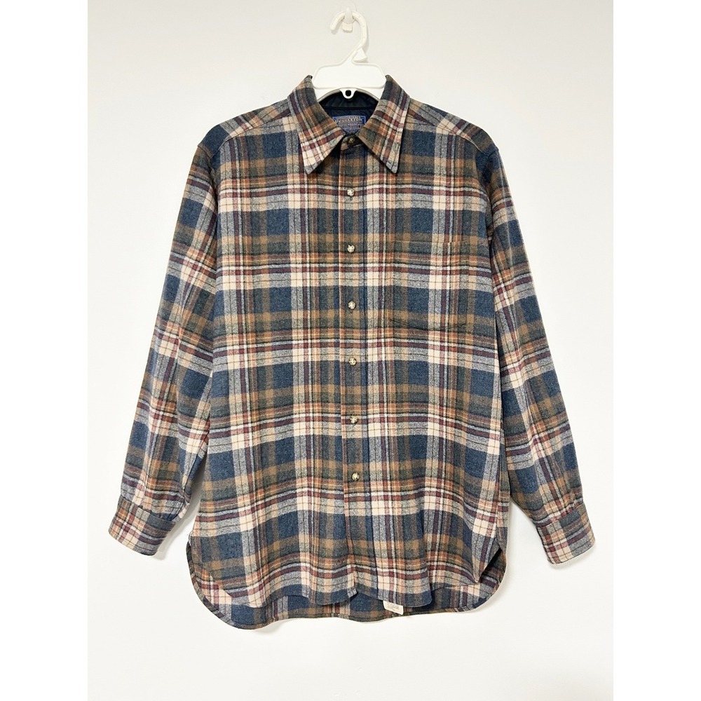 Pendleton Mens Blue Brown Plaid Wool Board Shirt Vintage Made in USA Size M